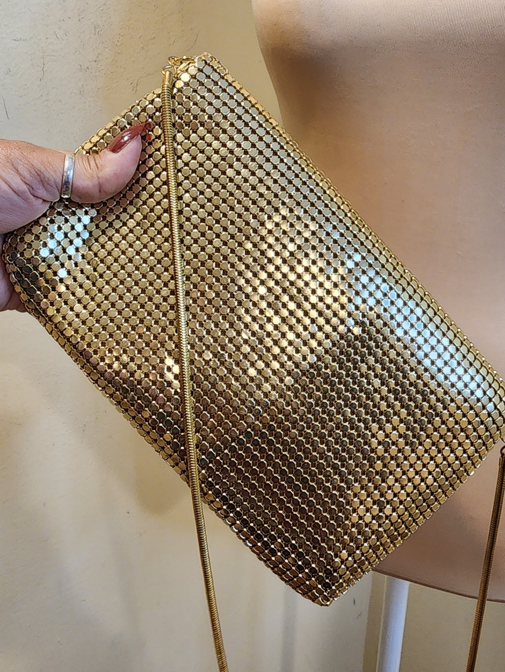 Gold Metallic Mesh Satchel Bag With Long Strap - Picture 8 of 14
